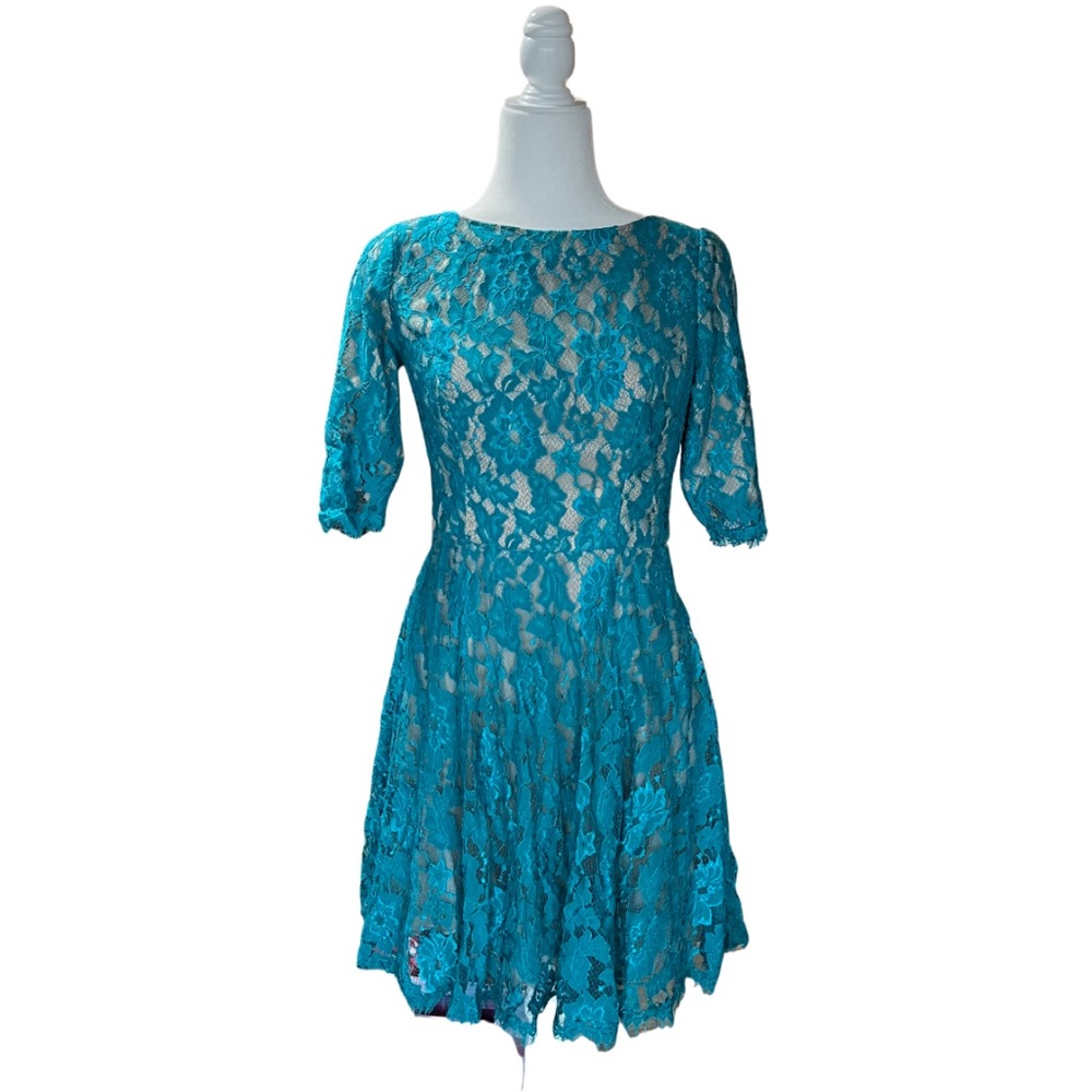 Monique Lhullier Teal Blue and Nude Lace Ella Dress Size 8